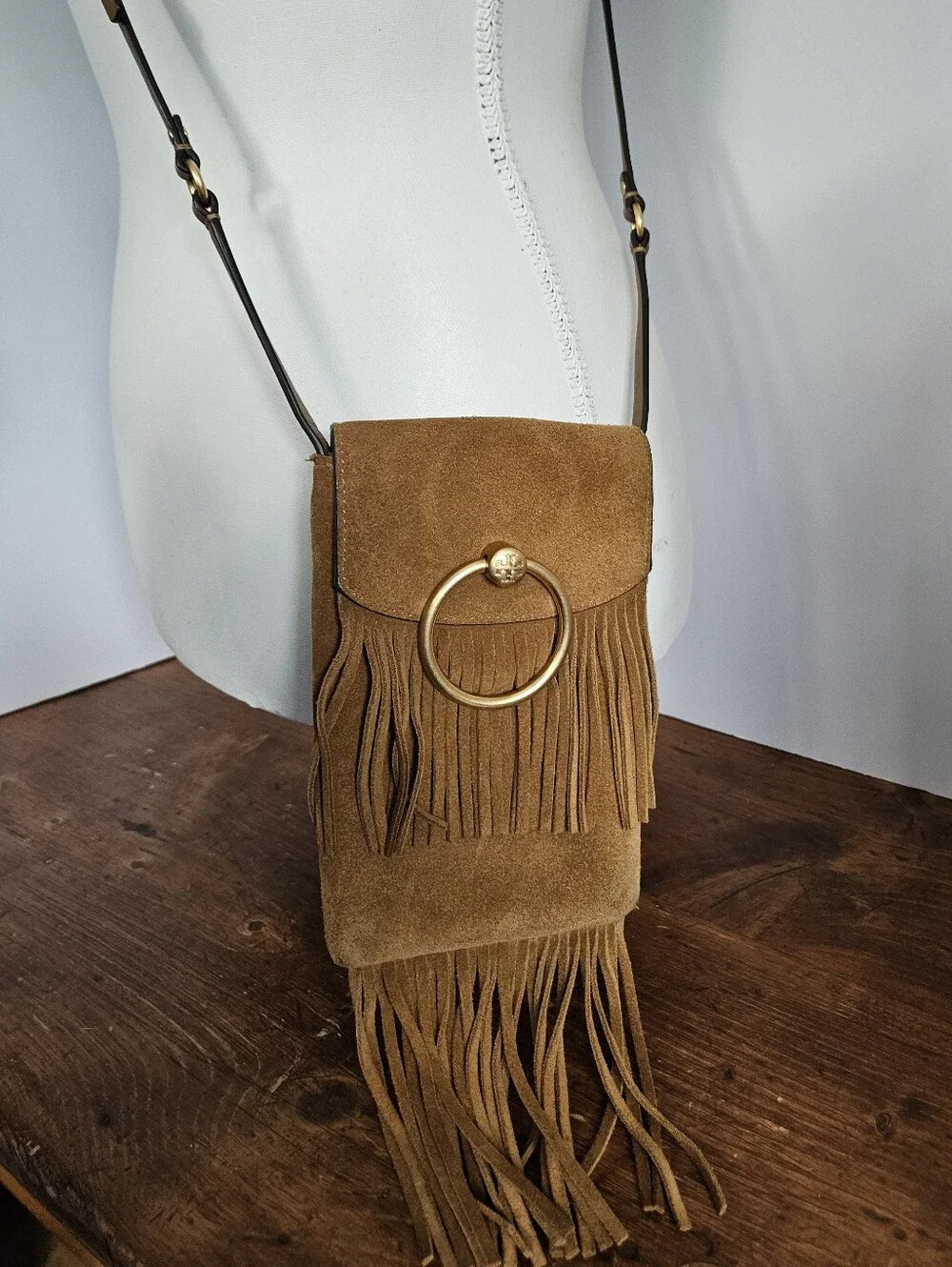 Tory Burch Farrah Suede Fringe Crossbody Phone Bag Pouch Purse Brown